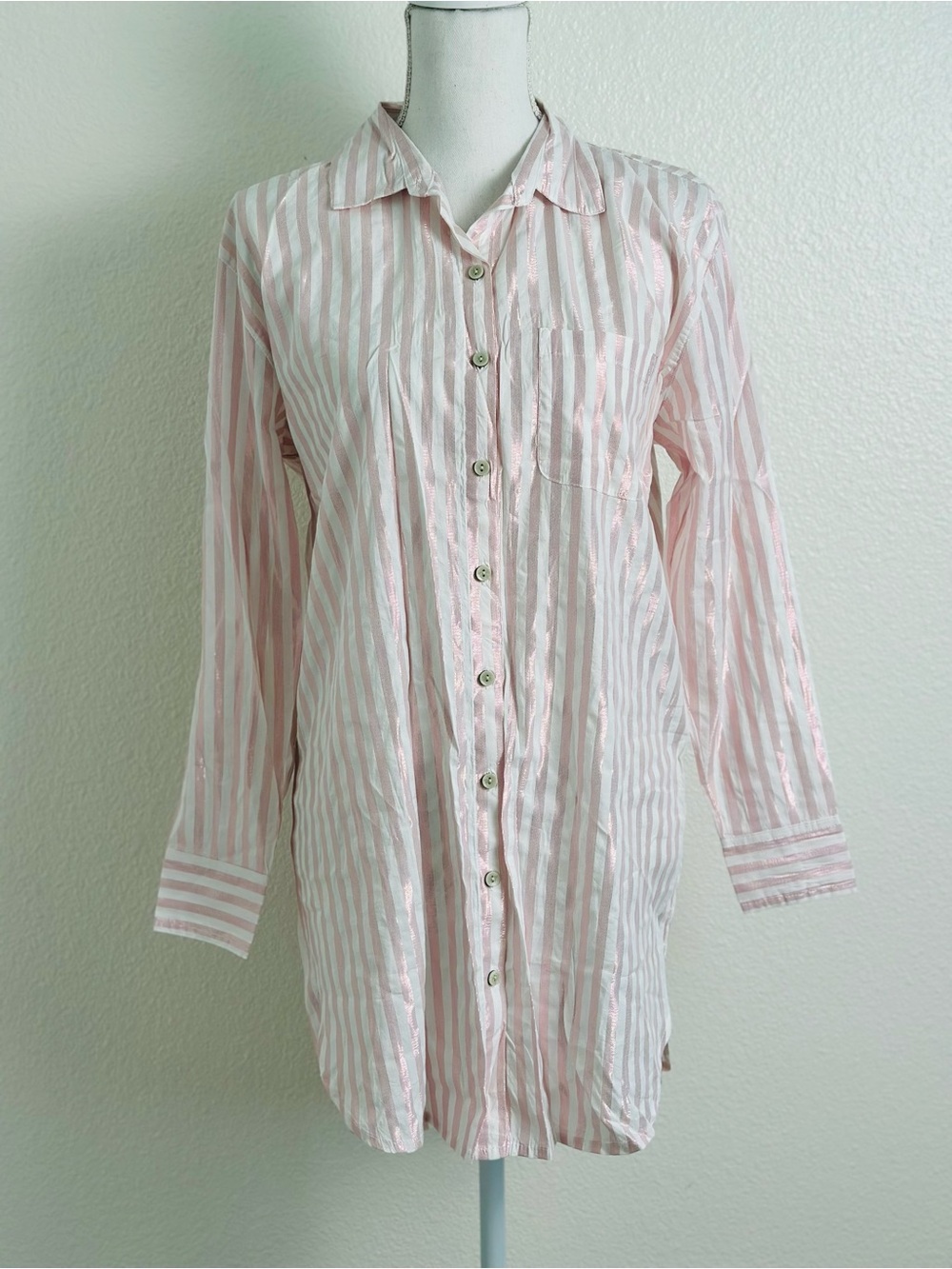 Victoria's Secret Classic Pink & White Striped Button Front Sleep Shirt Size S
